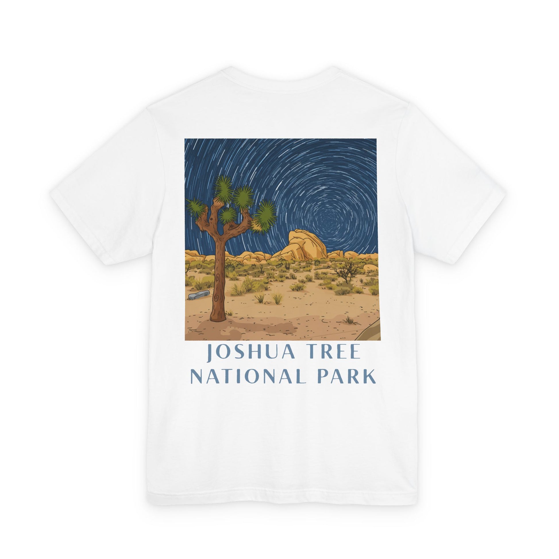 White t-shirt with a desert landscape graphic and 'Joshua Tree National Park' text on a white background