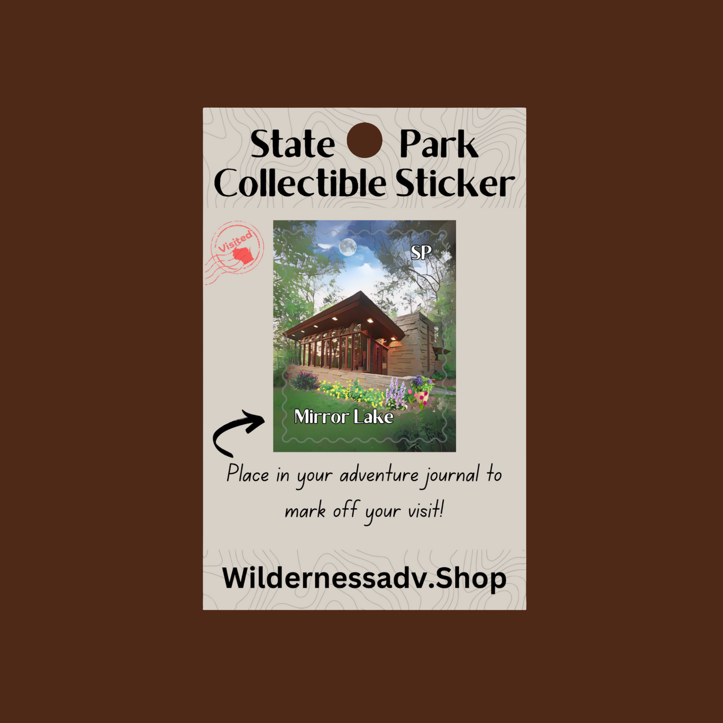 Sticker for Wisconsin State Park Adventure Journal depicting the Seth Peterson cottage with flower landscaping.