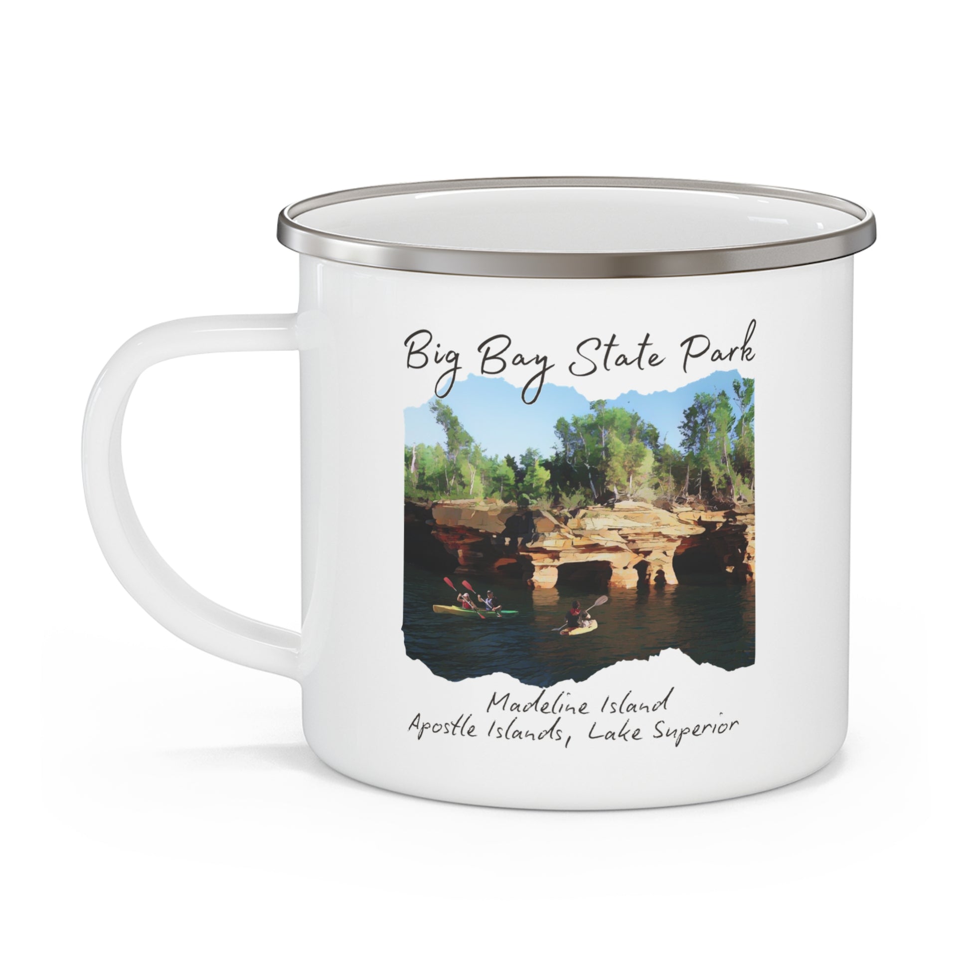 White enamel mug with picture depicting kayakers in front of sea caves and the text “Big Bay State Park - Madeline Island, Apostle Islands, Lake Superior. 