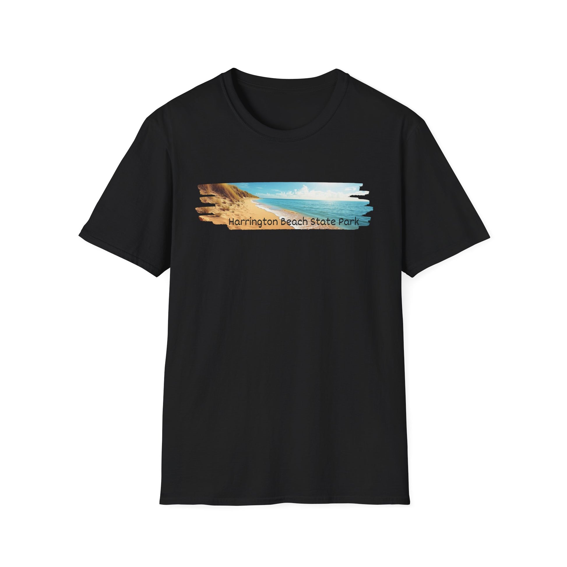 Black t-shirt with a scenic graphic and 'Harrington Beach State Park' text on a white background