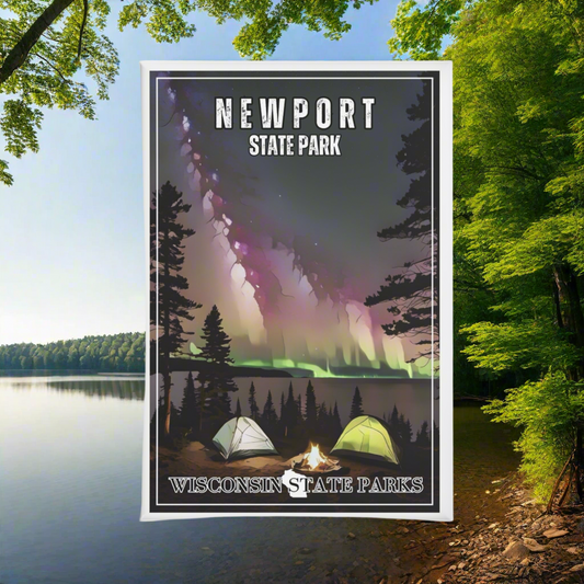 2x3” Newport State Park CCC magnet depicting camping under a starry sky.