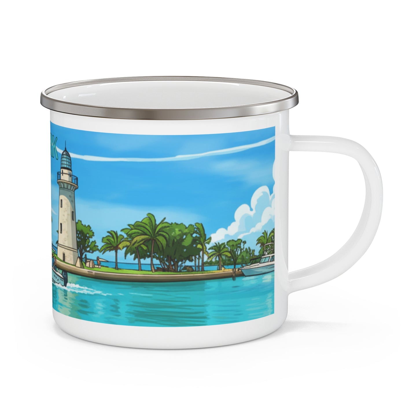 Mug with a lighthouse and palm tree design on a blue background