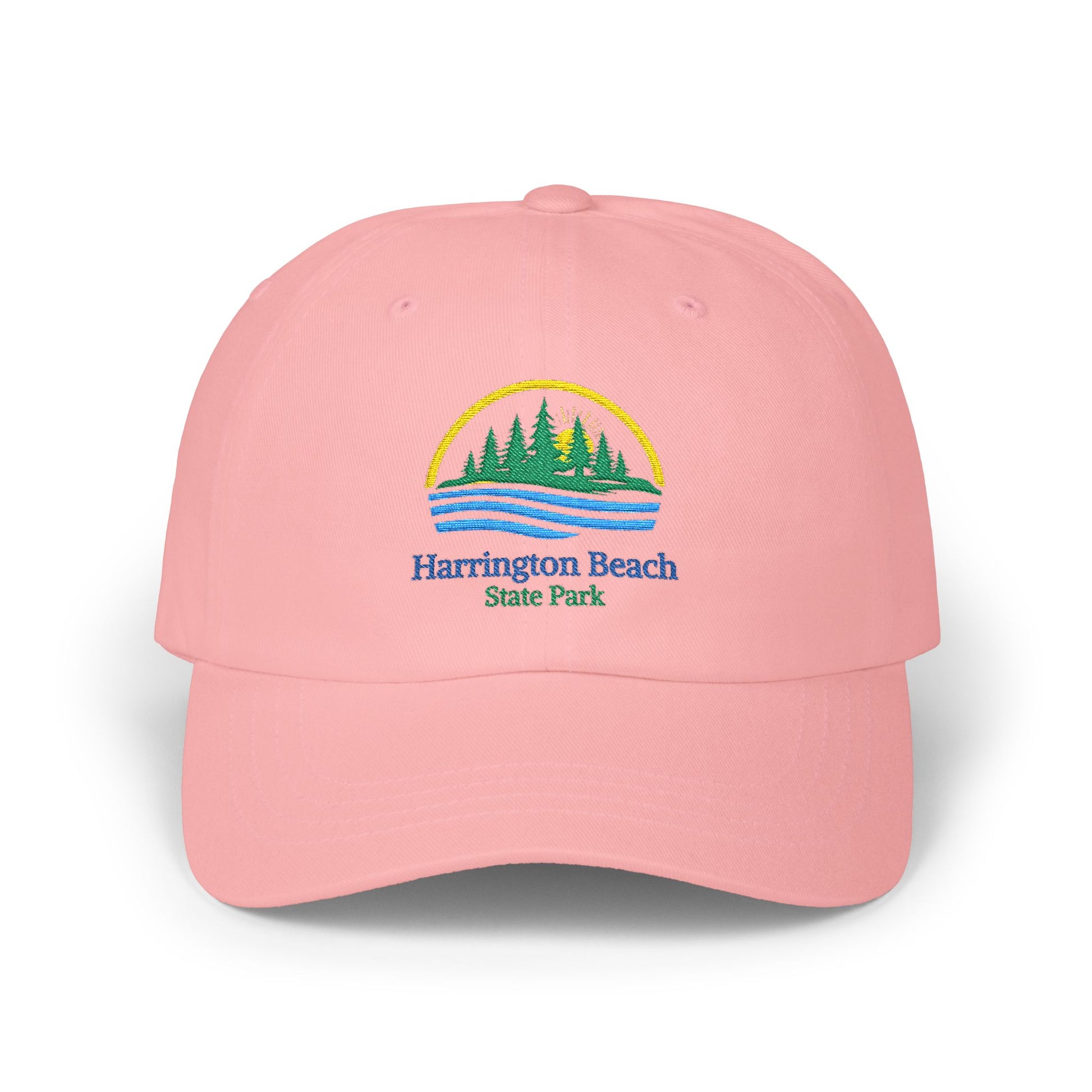Pink cap with Harrington Beach State Park logo on a white background