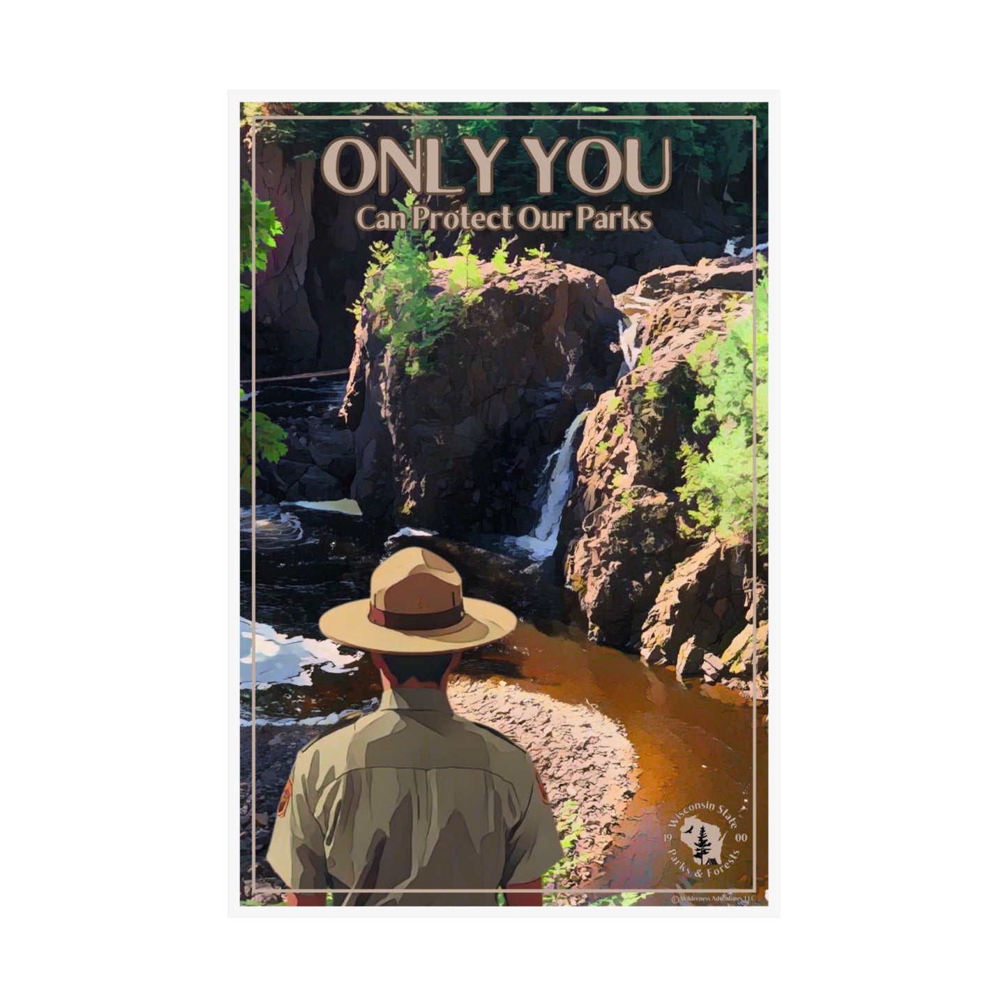 12x18” poster depicting a ranger overlooking copper Falls State Park on white background.