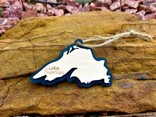 Lake Superior Shaped ornament with black background and the text "Lake Superior". 