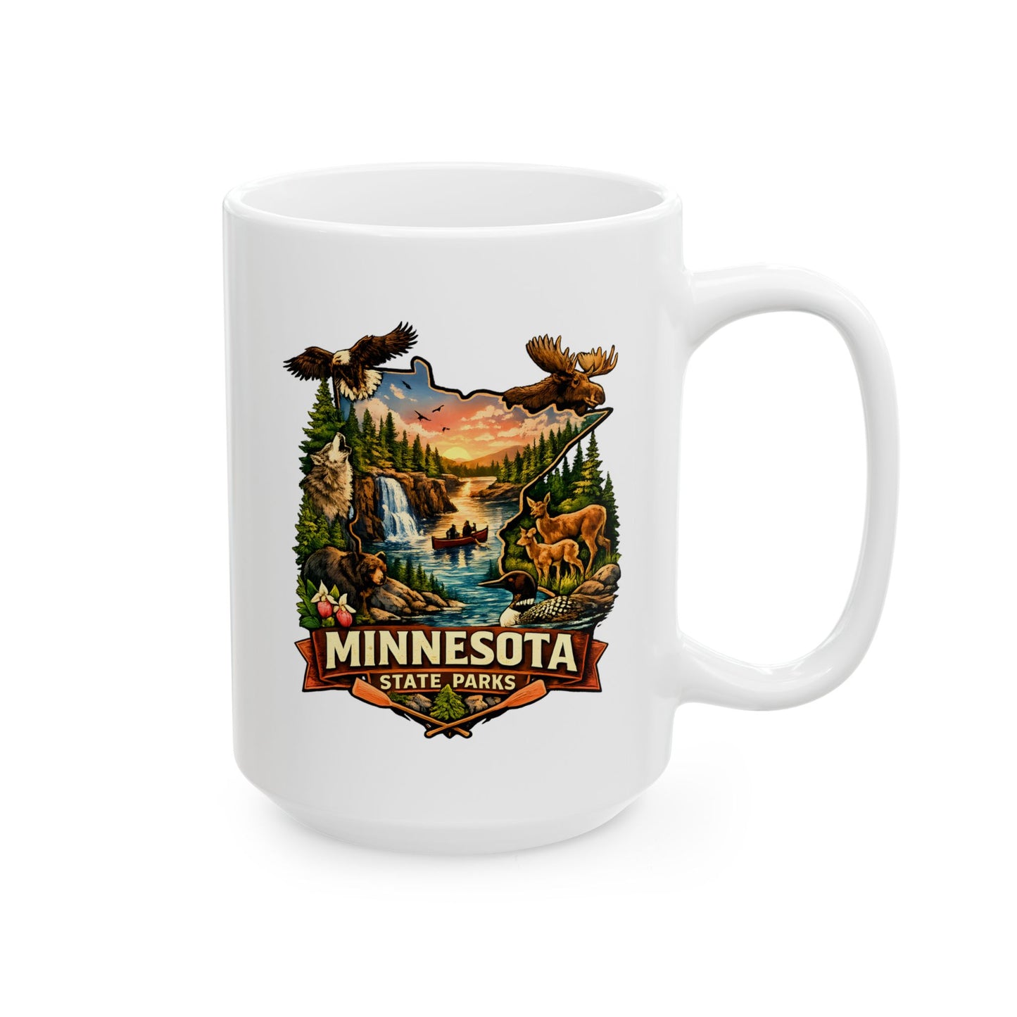 White mug with Minnesota State Parks design featuring nature elements on a white background