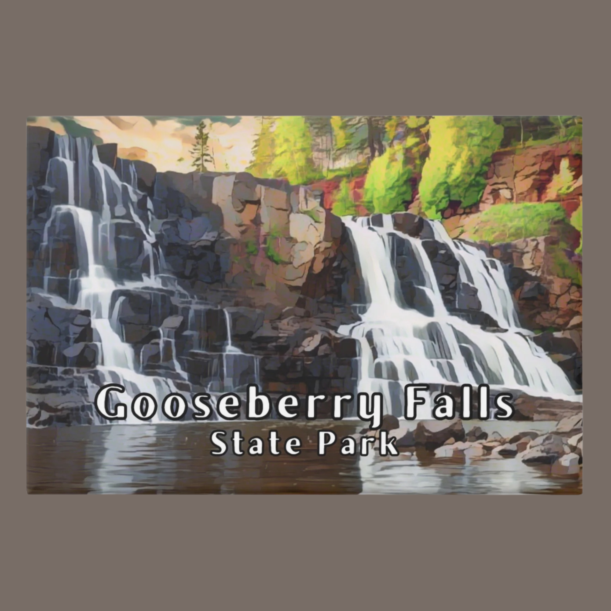 Magnet with Illustration of Gooseberry Falls State Park with a waterfall and rocks.