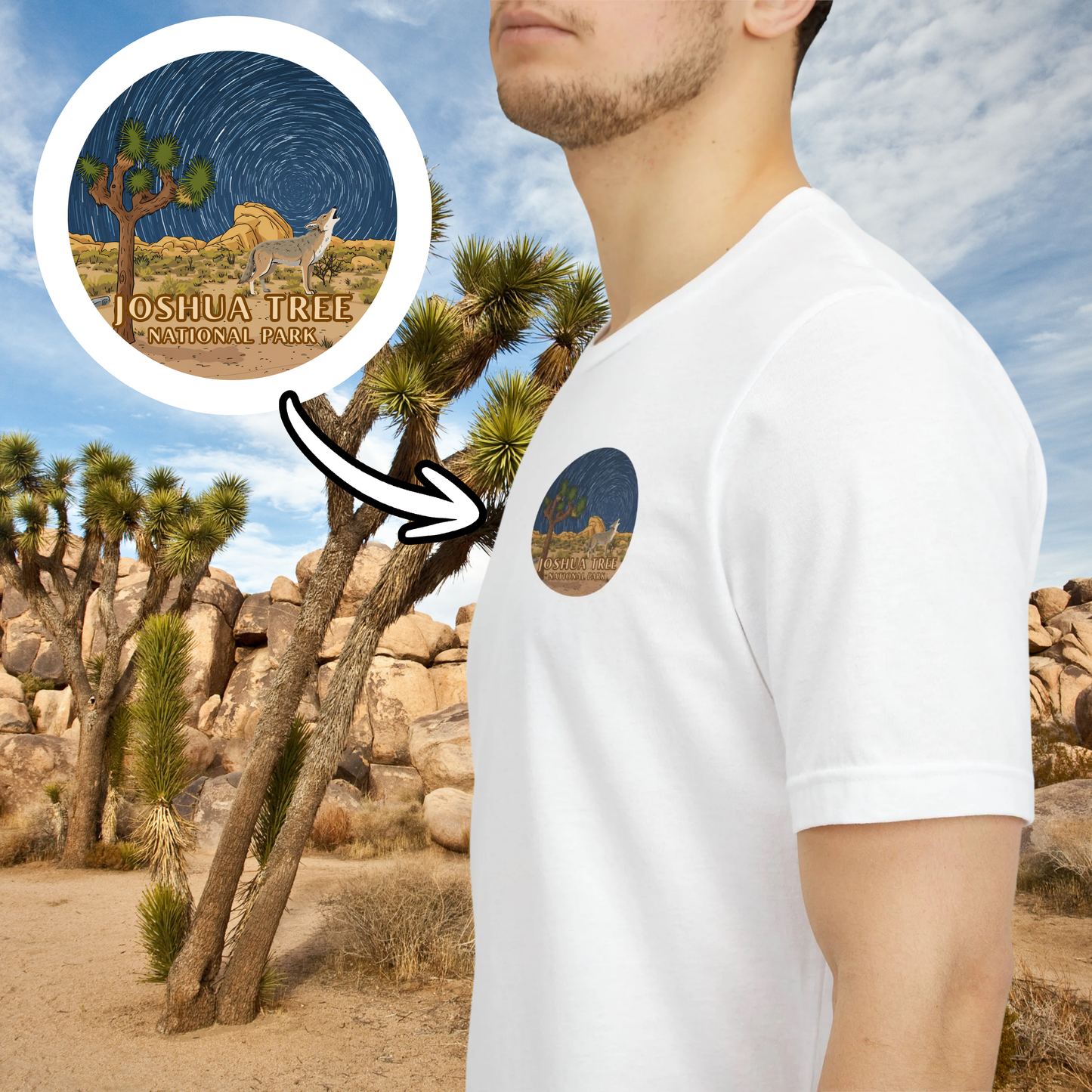 Person wearing a white t-shirt with a Joshua Tree design, set against a desert landscape.