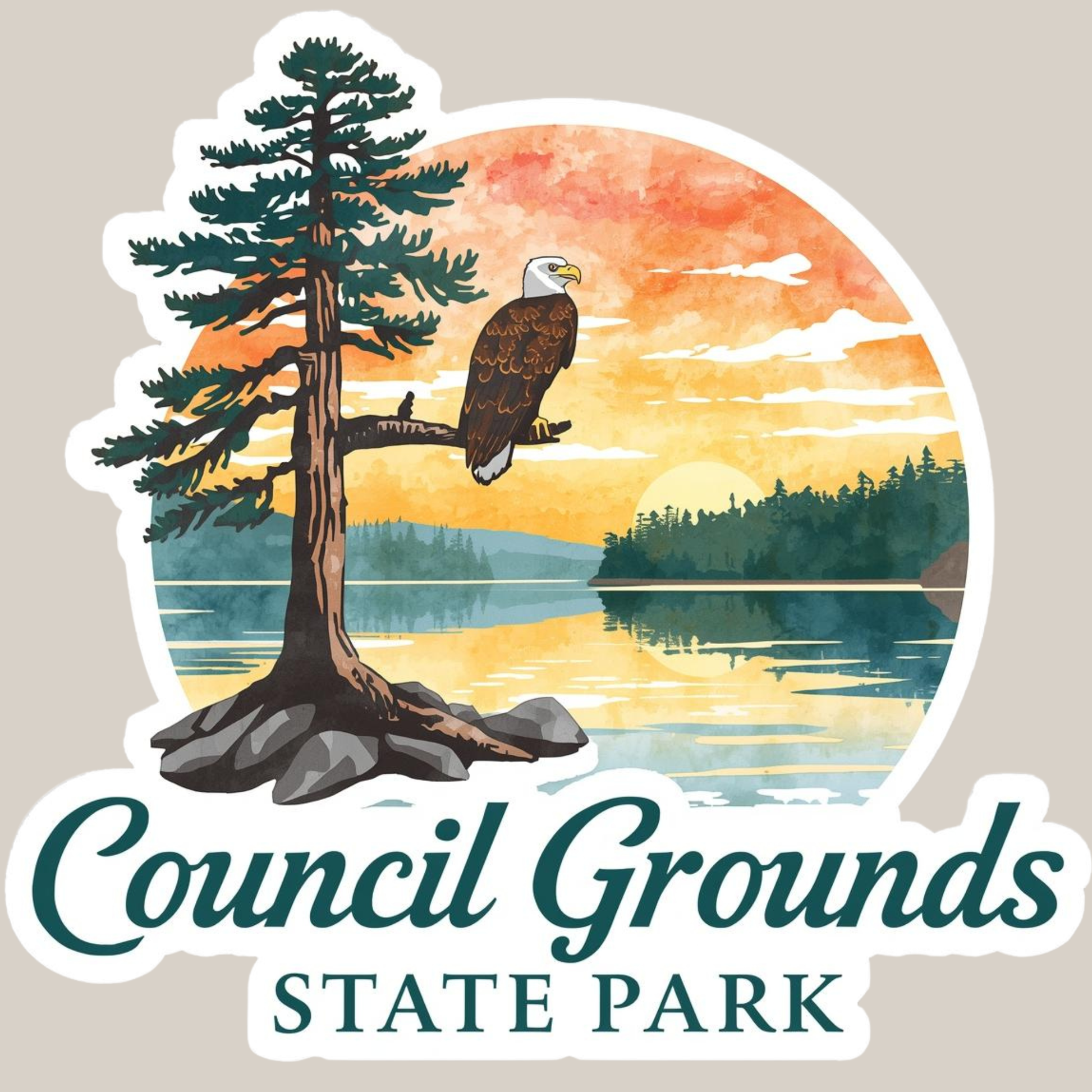 Sticker design of Council Grounds State Park with an eagle, tree, and sunset over water.
