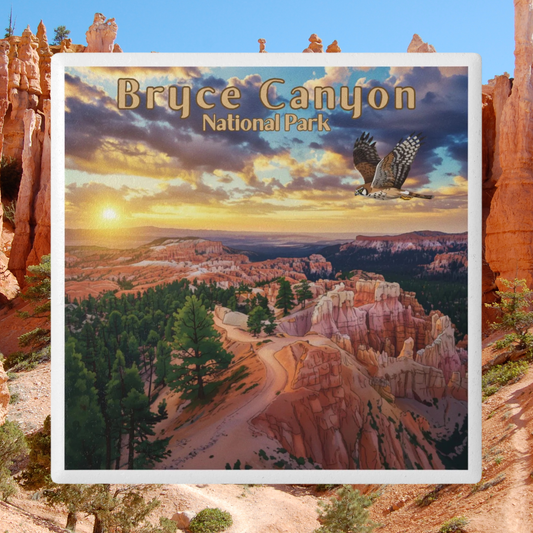 Ceramic coaster of Bryce Canyon National Park with a sunset and hawk, framed by canyon walls.