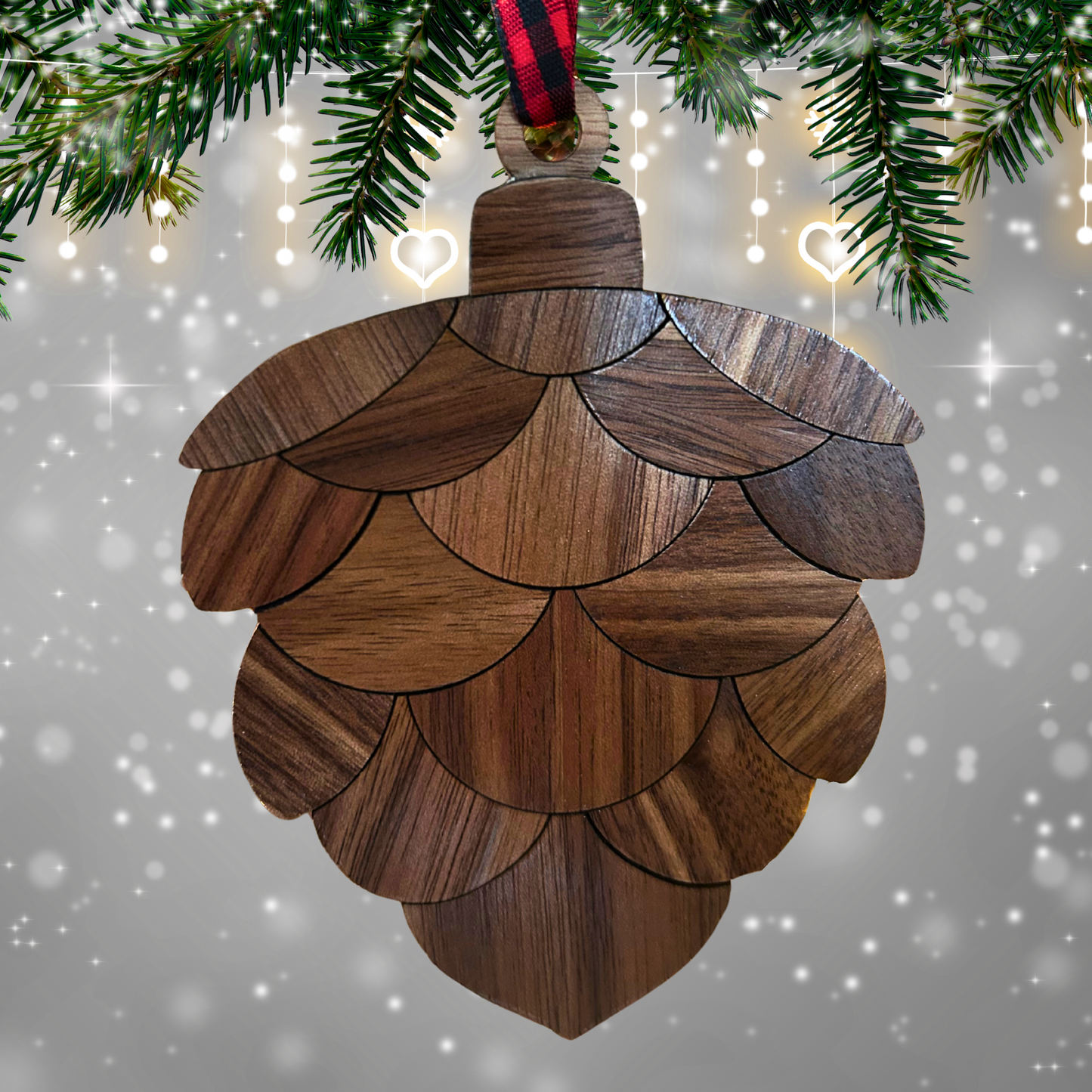Wooden pine cone ornament on a Christmas tree with a festive background