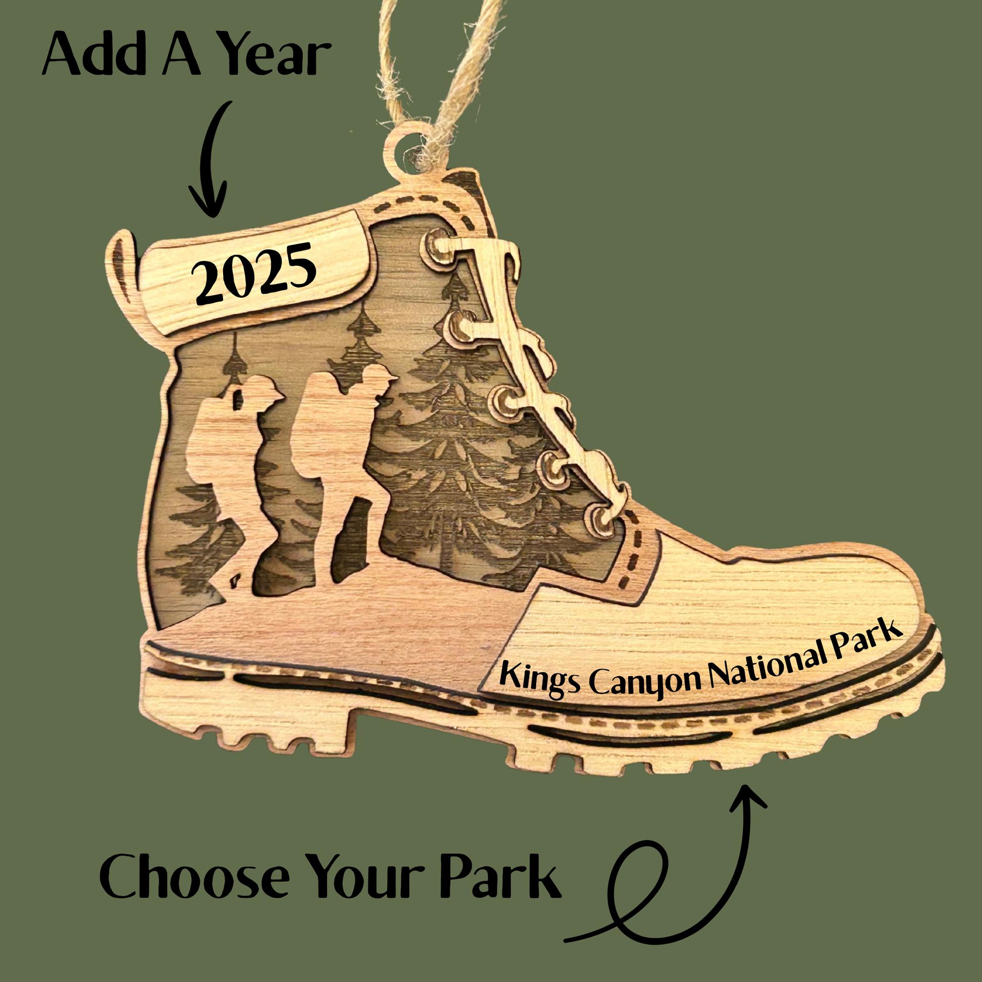 Wooden ornament shaped like a hiking boot with 'Kings Canyon National Park' engraving on a green background.