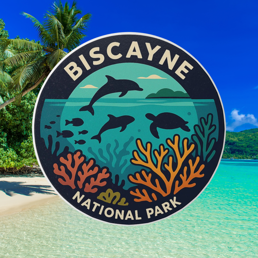 Biscayne National Park logo with dolphins and coral on a beach background