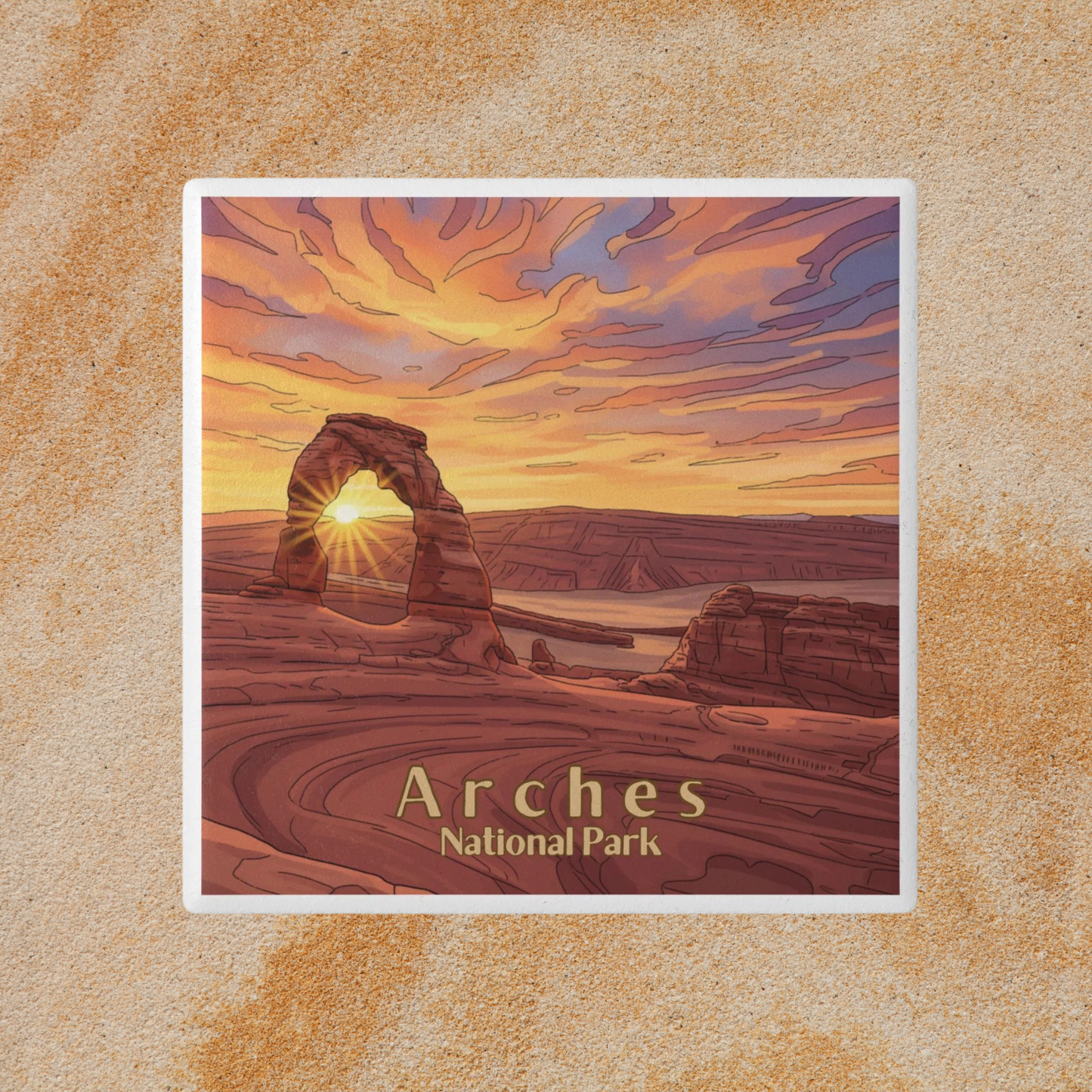 Illustration of Arches National Park with a sunset over a sandstone arch.