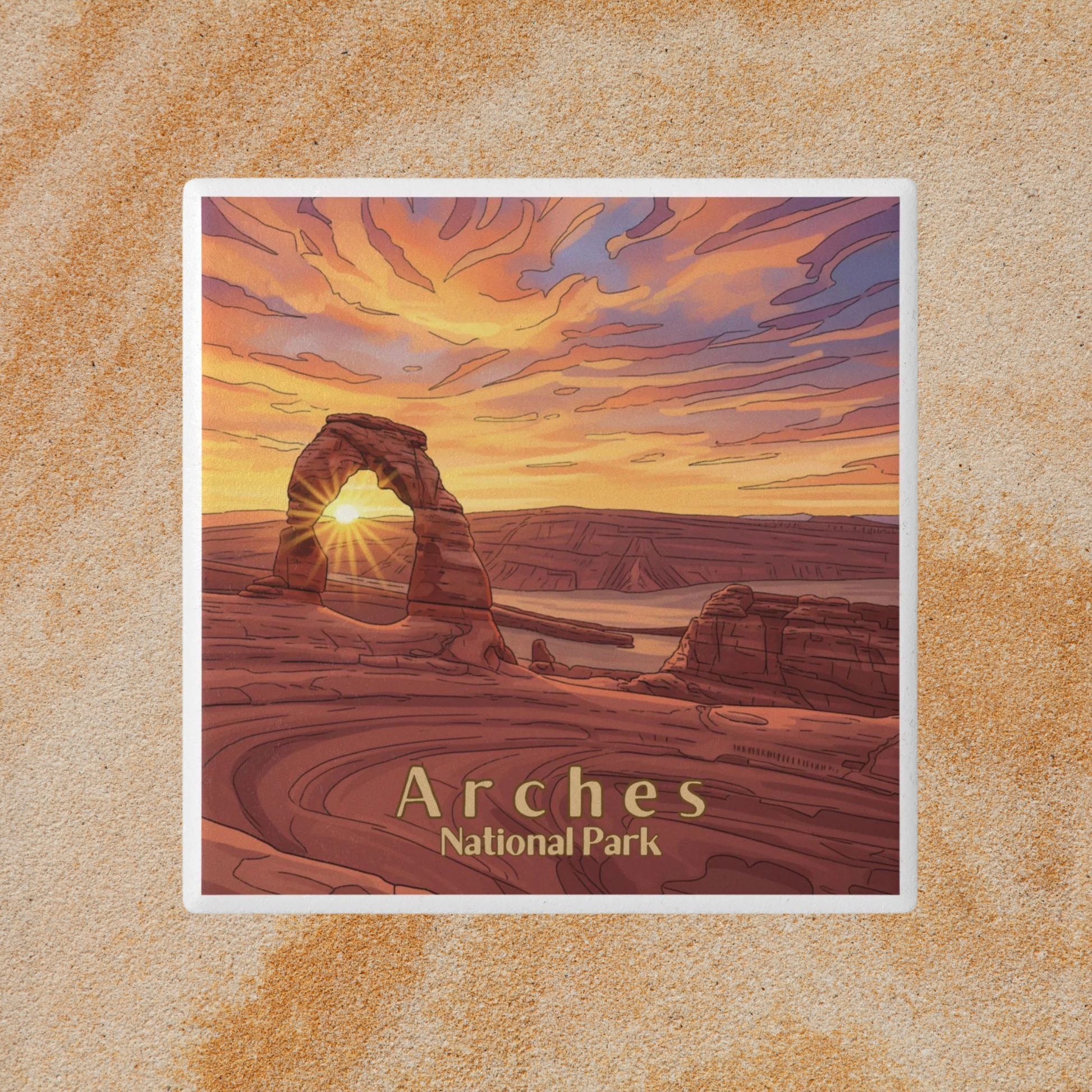 Illustration of Arches National Park with a sunset over a sandstone arch.