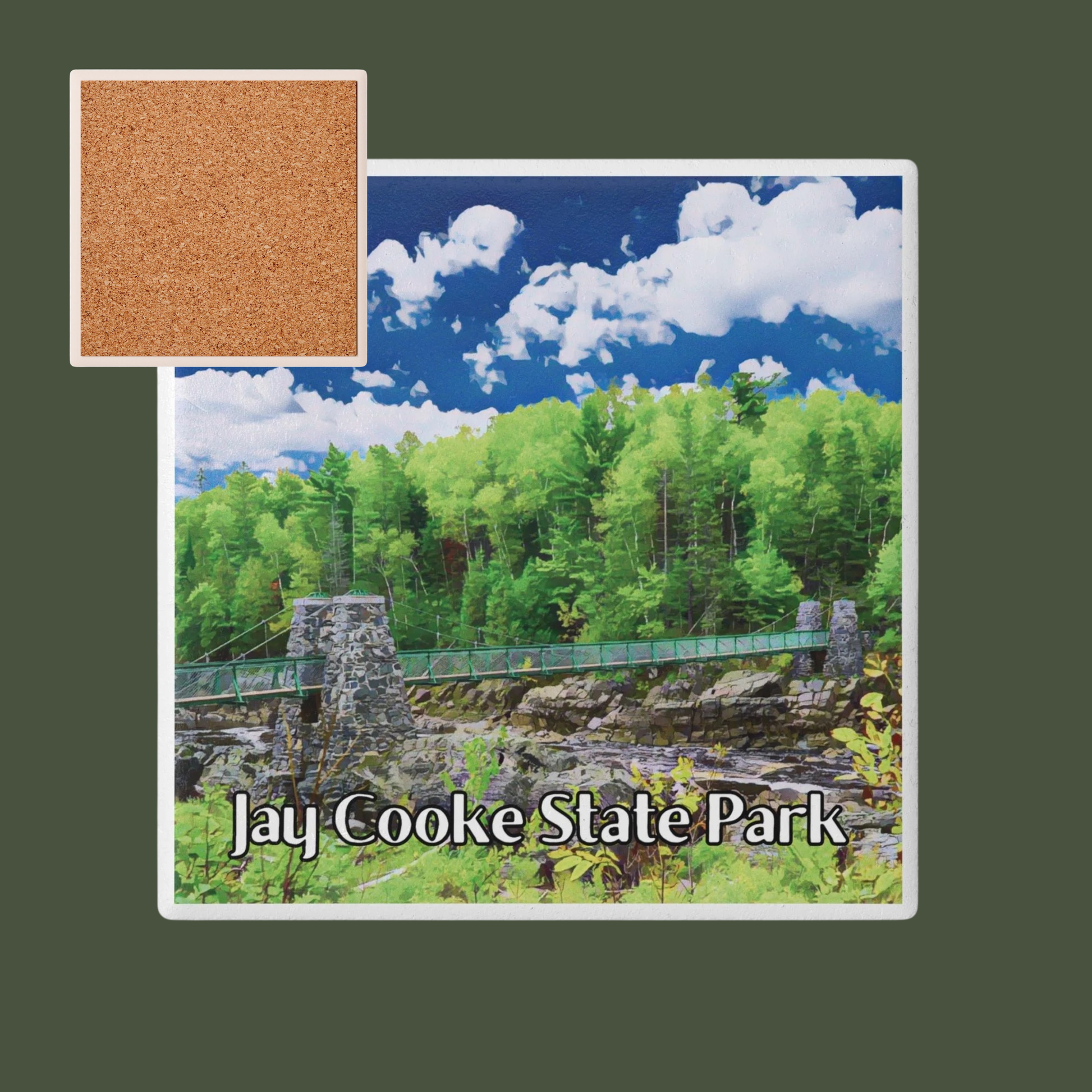 Ceramic coaster of Jay Cooke State Park with a scenic view of trees and a bridge.
