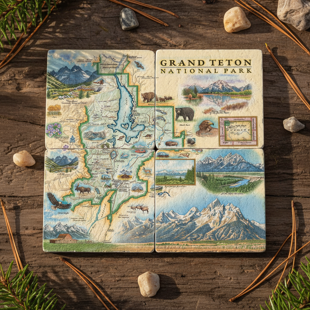 Four square coasters featuring illustrated maps and scenes of Grand Teton National Park, arranged on a rustic wooden surface with pine needles and small stones.