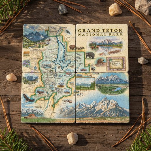 Four square coasters featuring illustrated maps and scenes of Grand Teton National Park, arranged on a rustic wooden surface with pine needles and small stones.