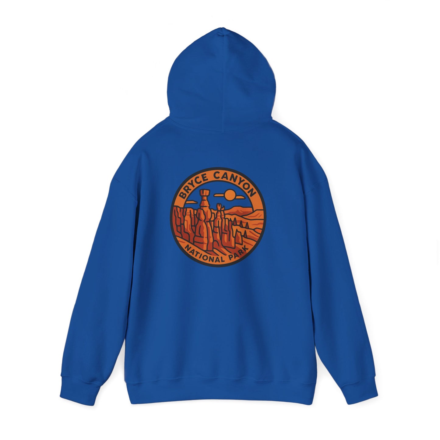 Blue hoodie with Bryce Canyon National Park logo on the back against a white background