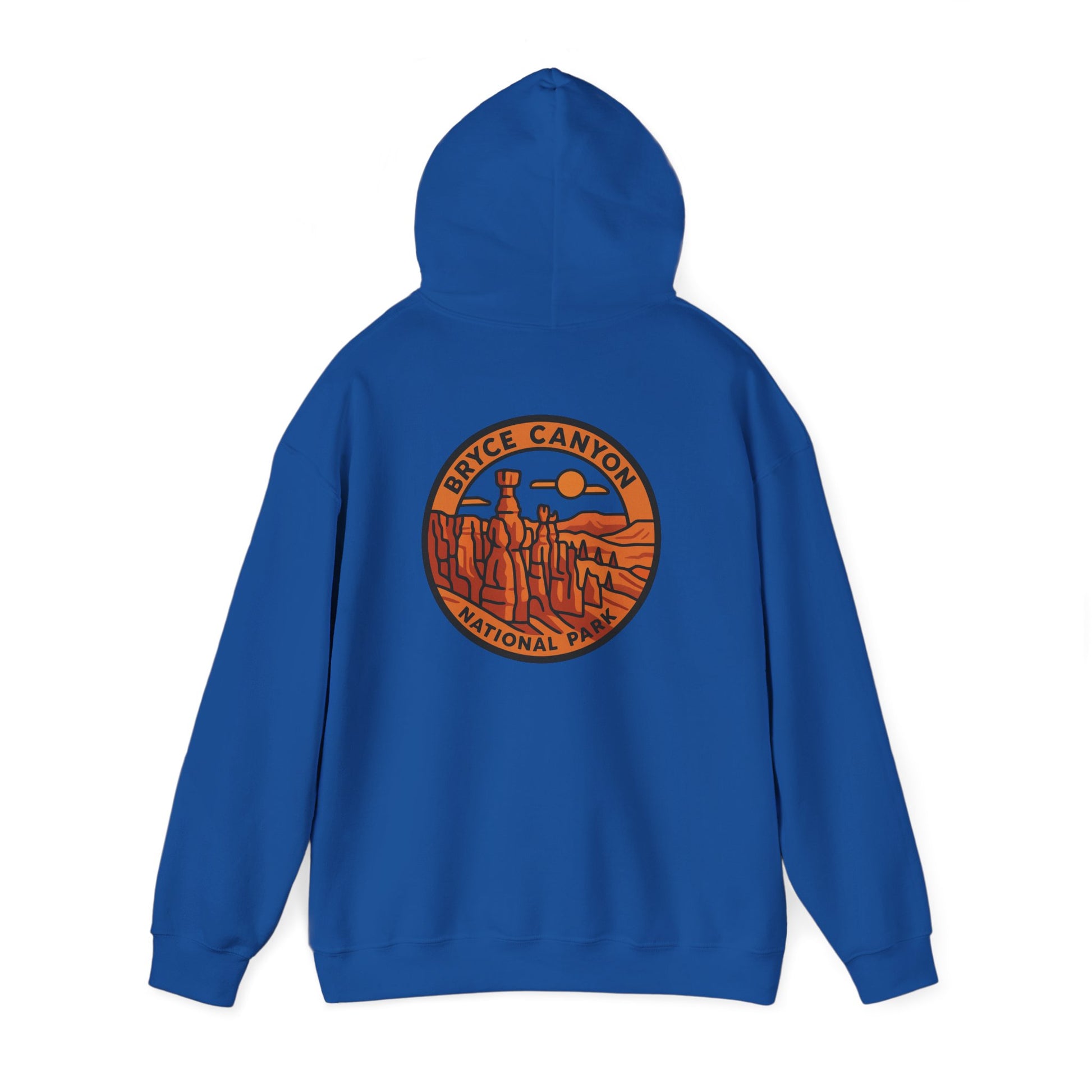 Blue hoodie with Bryce Canyon National Park logo on the back against a white background
