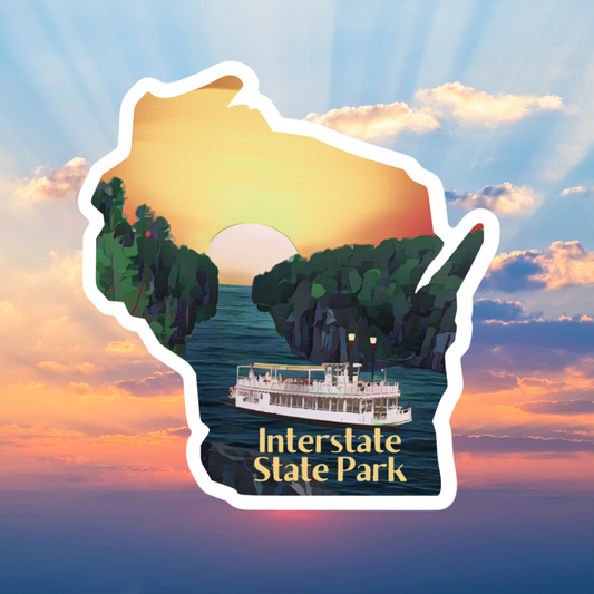 Wisconsin shaped sticker featuring a depiction of a river between two bluffs and a paddle wheel tour boat floating down the river at sunset.  Photo background: sunset and clouds.