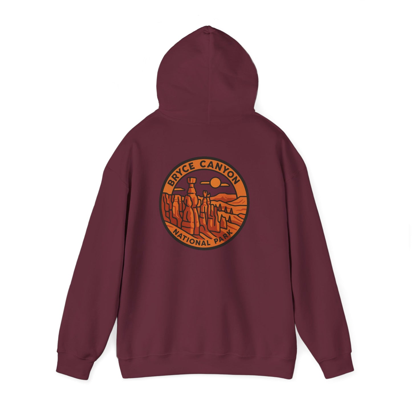 Maroon hoodie with Bryce Canyon National Park logo on the back against a white background