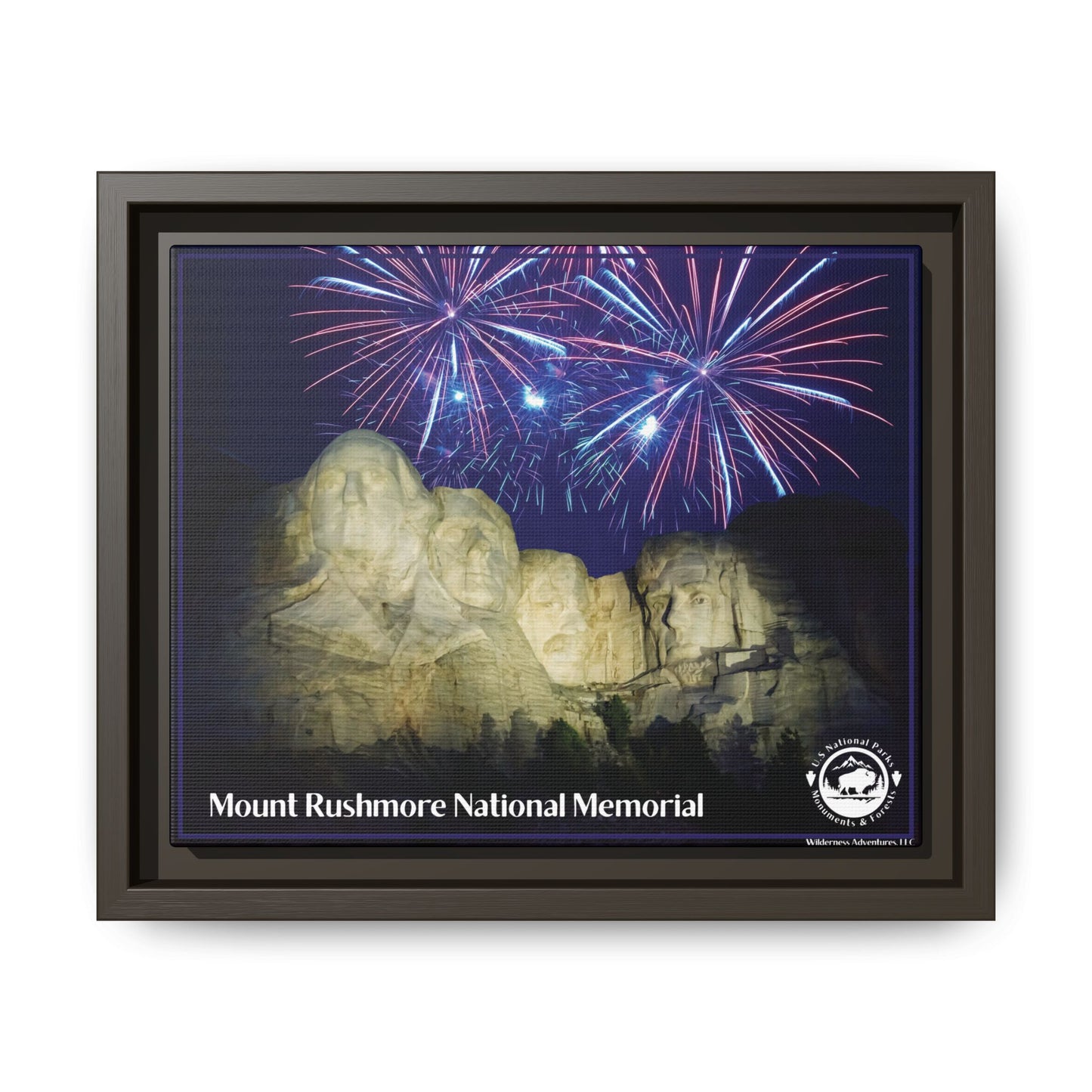 Espresso Framed canvas print featuring Mount Rushmore at night with a patriotic fireworks display in the background.