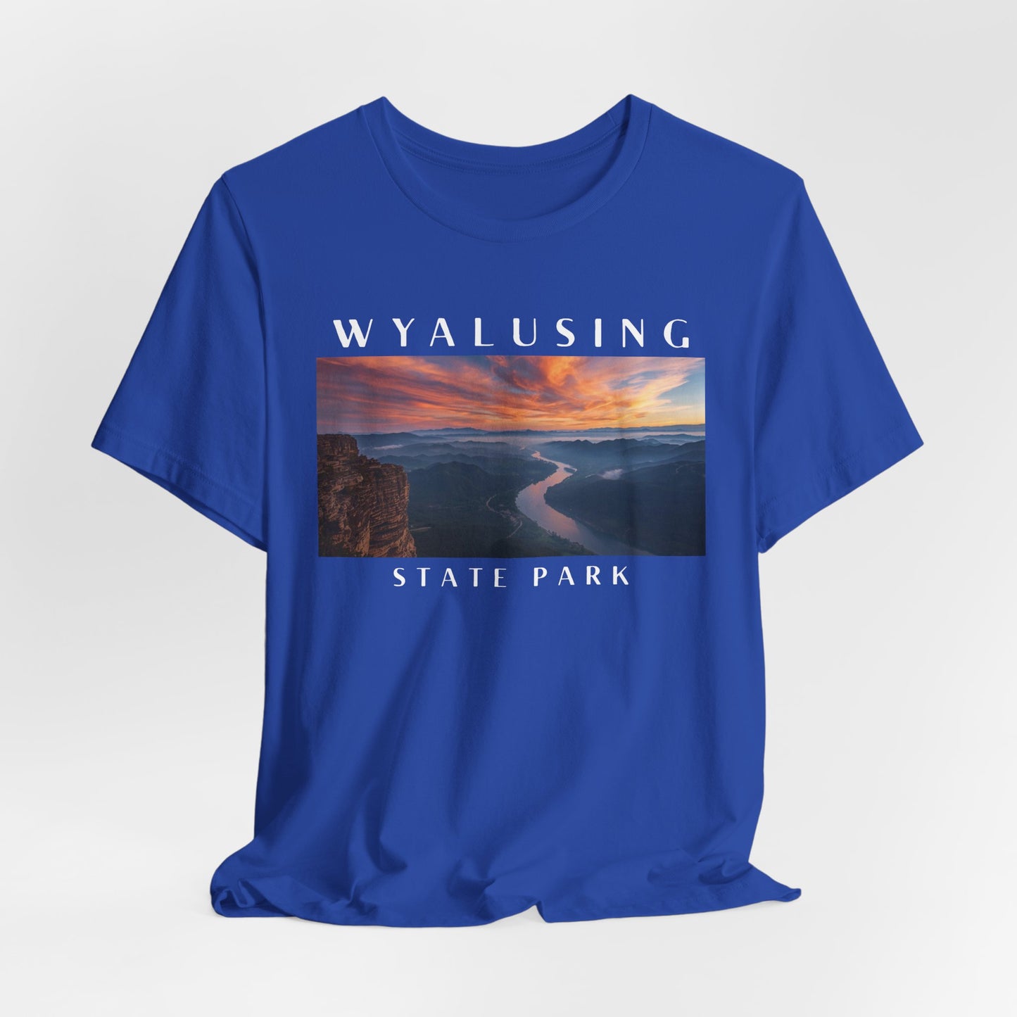 True royal t-shirt with Wyalusing State Park graphic and text on a white background