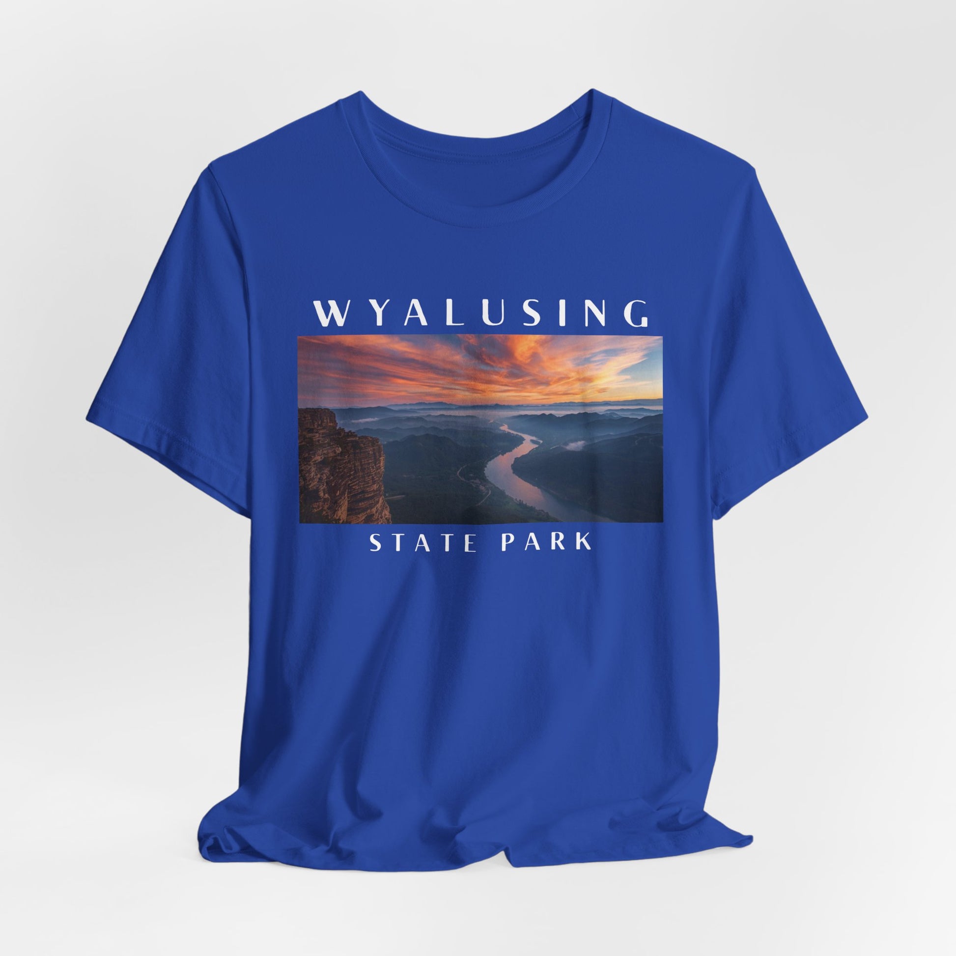 True royal t-shirt with Wyalusing State Park graphic and text on a white background