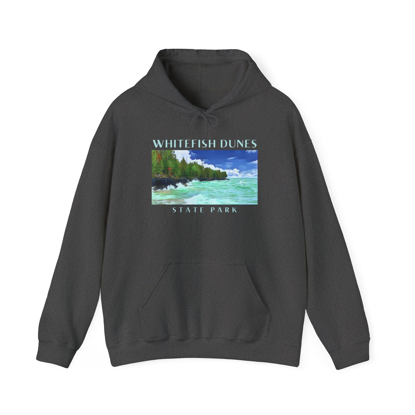 Dark heather hoodie with 'Whitefish Dunes State Park' graphic on a white background