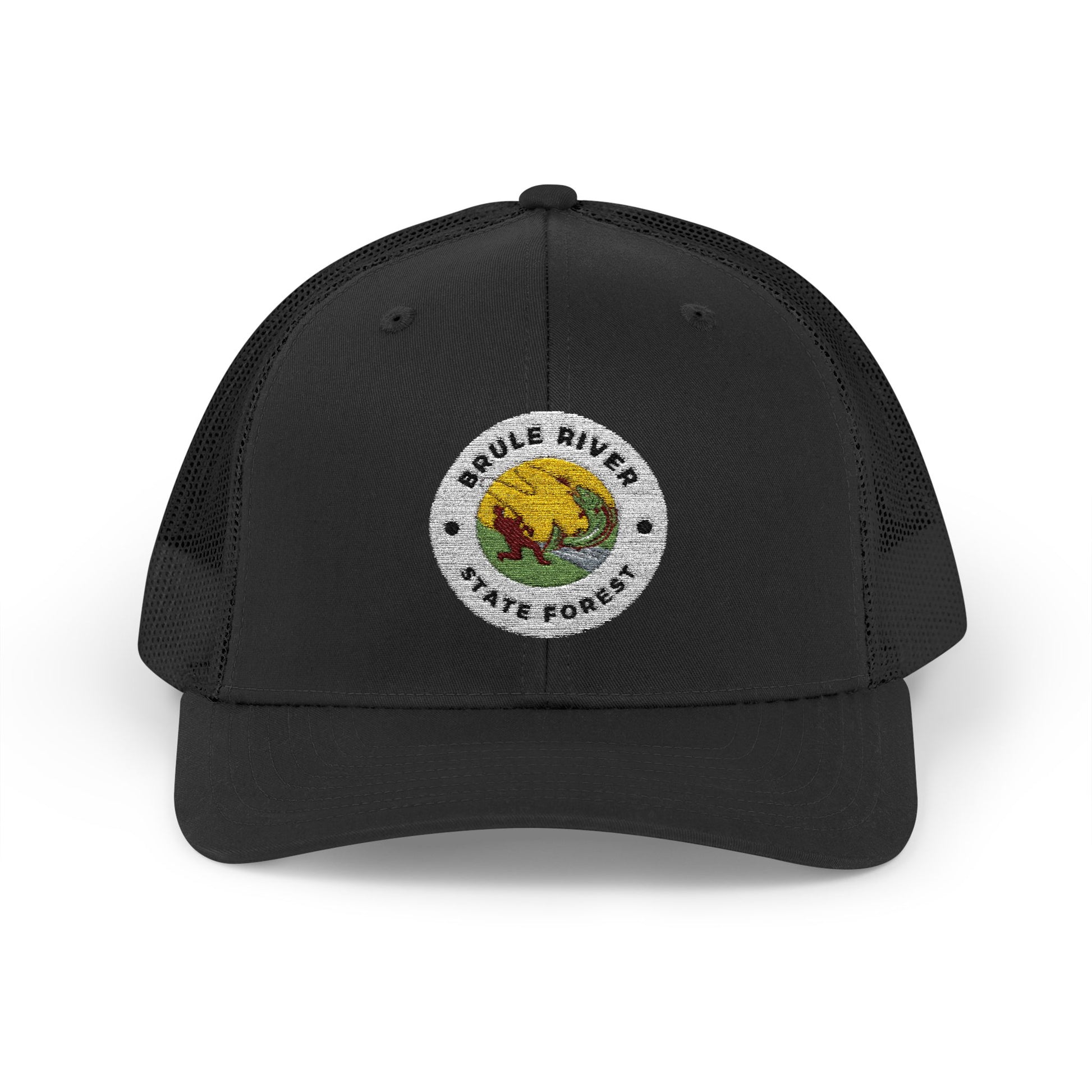 All black Colored ball cap with embroidered logo of an angler catching a fish and the text Brule River State Forest. 