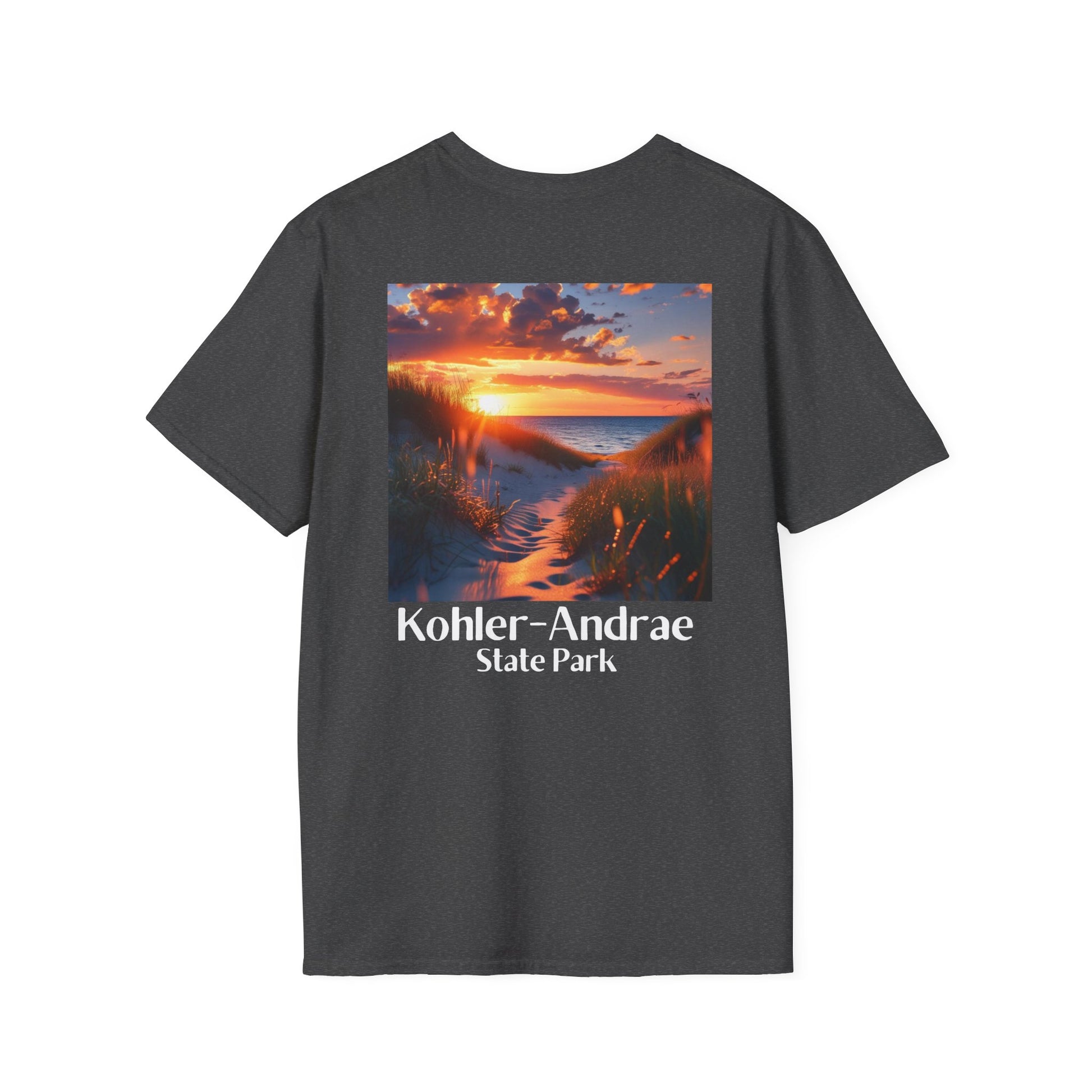 Dark Heather T-shirt featuring a back design of looking through the sand dunes at a colorful sunrise over Lake Michigan and the text: Kohler-Andrae State Park.