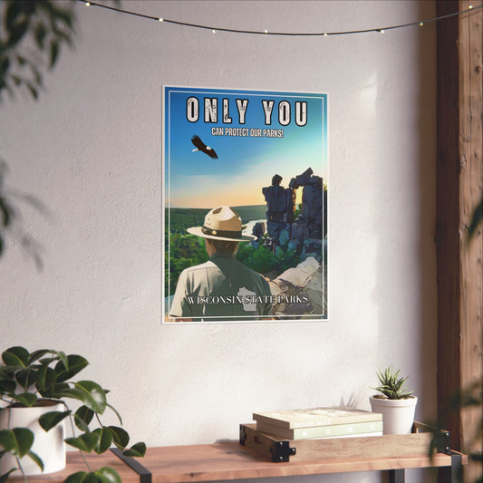 CCC inspired poster depicting a ranger looking out over Devils Lake State Park.