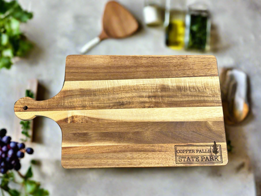 Wood cutting board with Copper Falls State Park Engraving. 