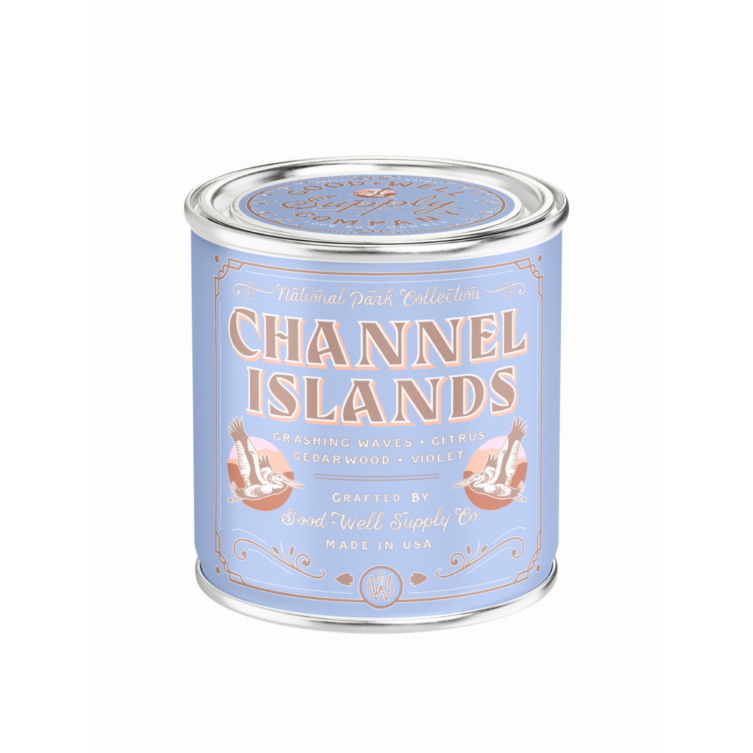  'Channel Islands' tin candle on a white background