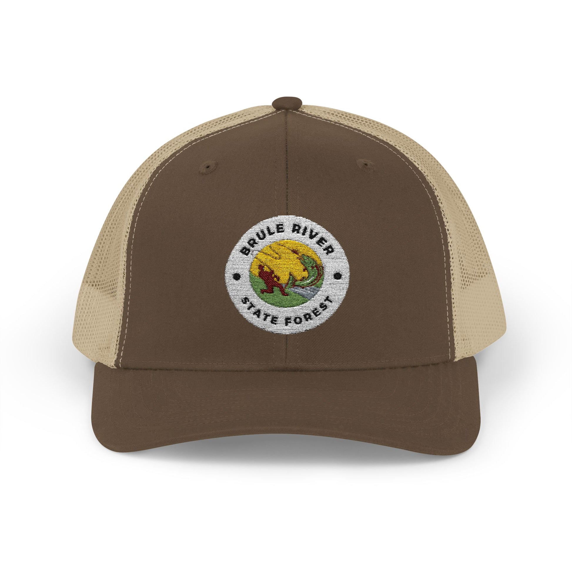 Brown and Khaki Colored ball cap with embroidered logo of an angler catching a fish and the text Brule River State Forest. 