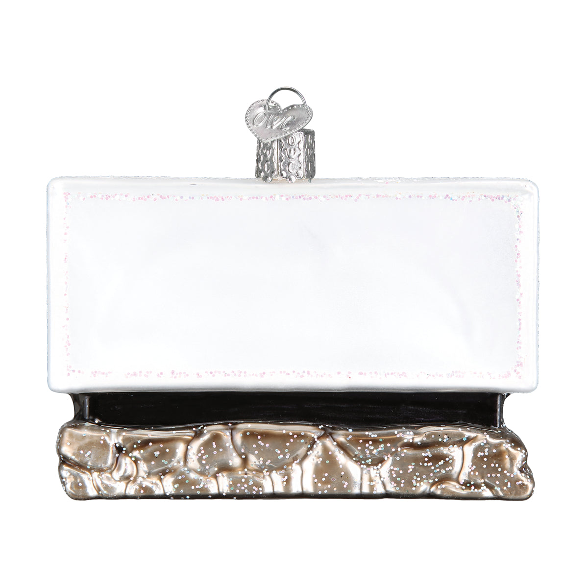 Reverse side of Hand painted glass ornament in the shape of Yosemite national park entrance sign on a white background.