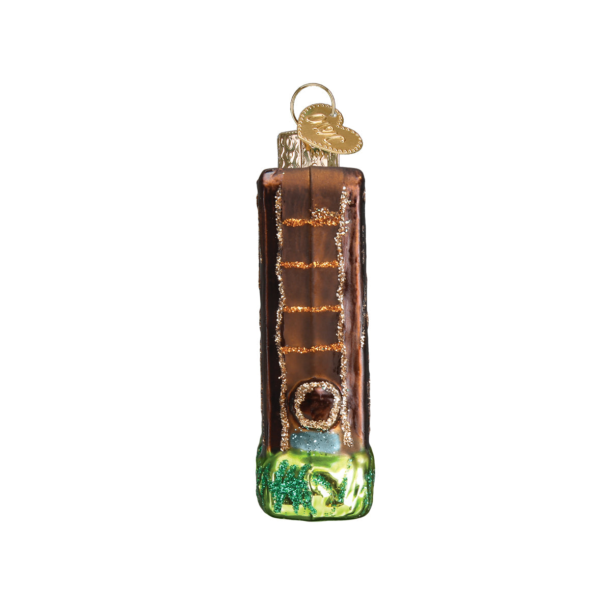 Side view of Glass Christmas ornament in shape of the Yellowstone National Park Entrance sign on a white background. 