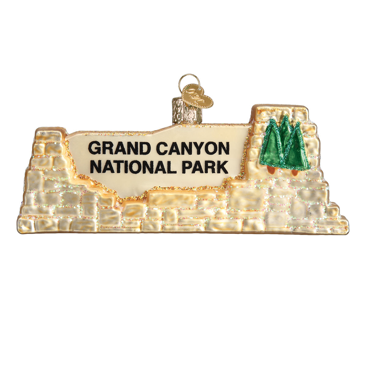 3-D glass ornament in the shape of the Grand Canyon national Park entrance sign against white background