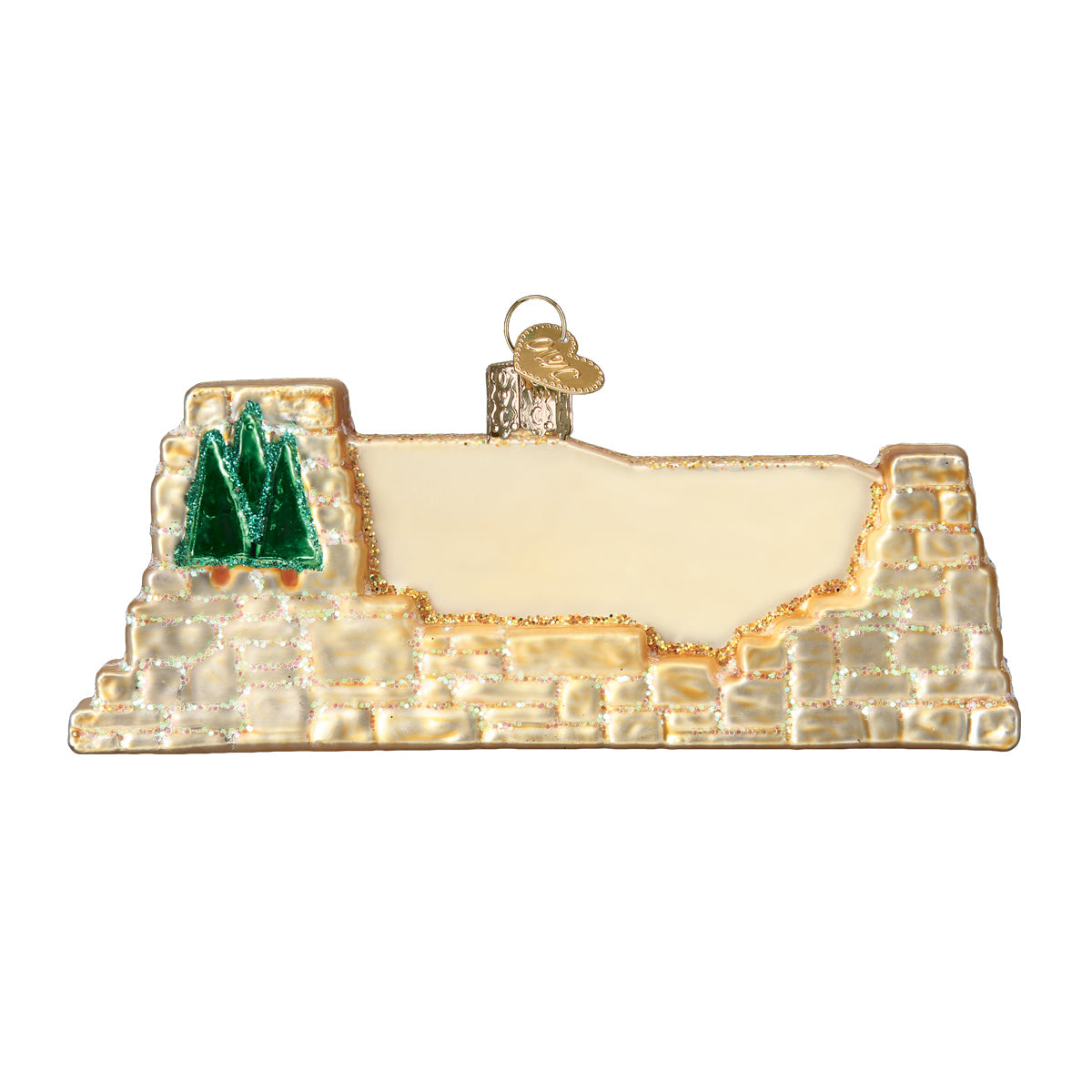 Rear view of 3-D glass ornament in the shape of the Grand Canyon national Park entrance sign against white background