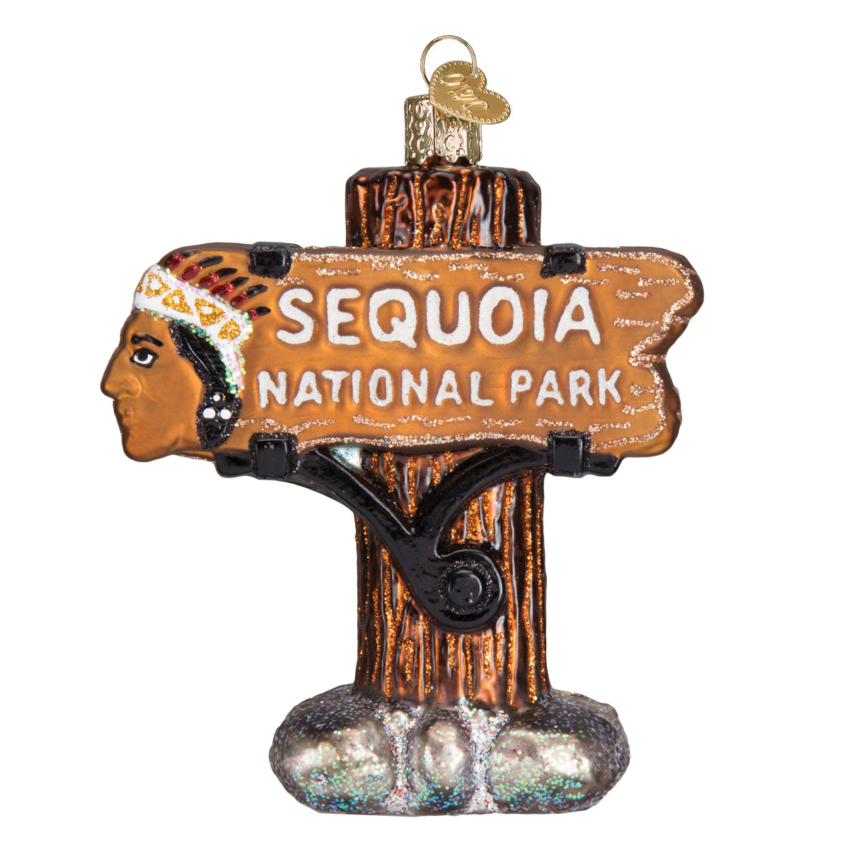 3D glass ornament in the shape of the sequoia national Park entrance sign against a white background