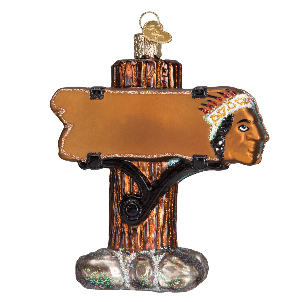 Back view of 3D glass ornament in the shape of the sequoia national Park entrance sign against a white background