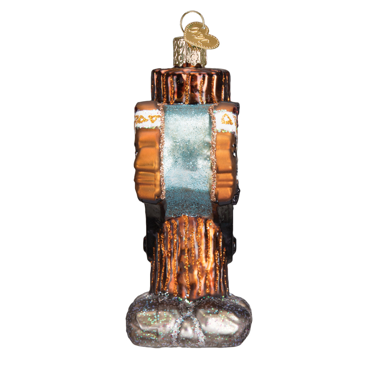 Side view of 3D glass ornament in the shape of the sequoia national Park entrance sign against a white background