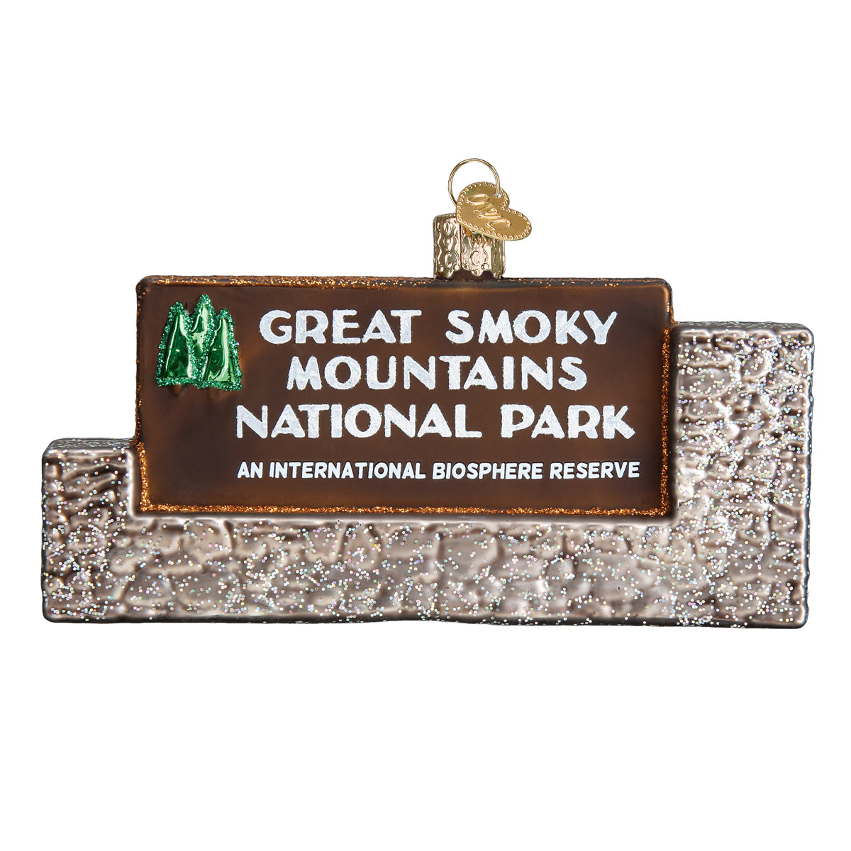 Decorative ornament resembling a sign for Great Smoky Mountains National Park on a white background