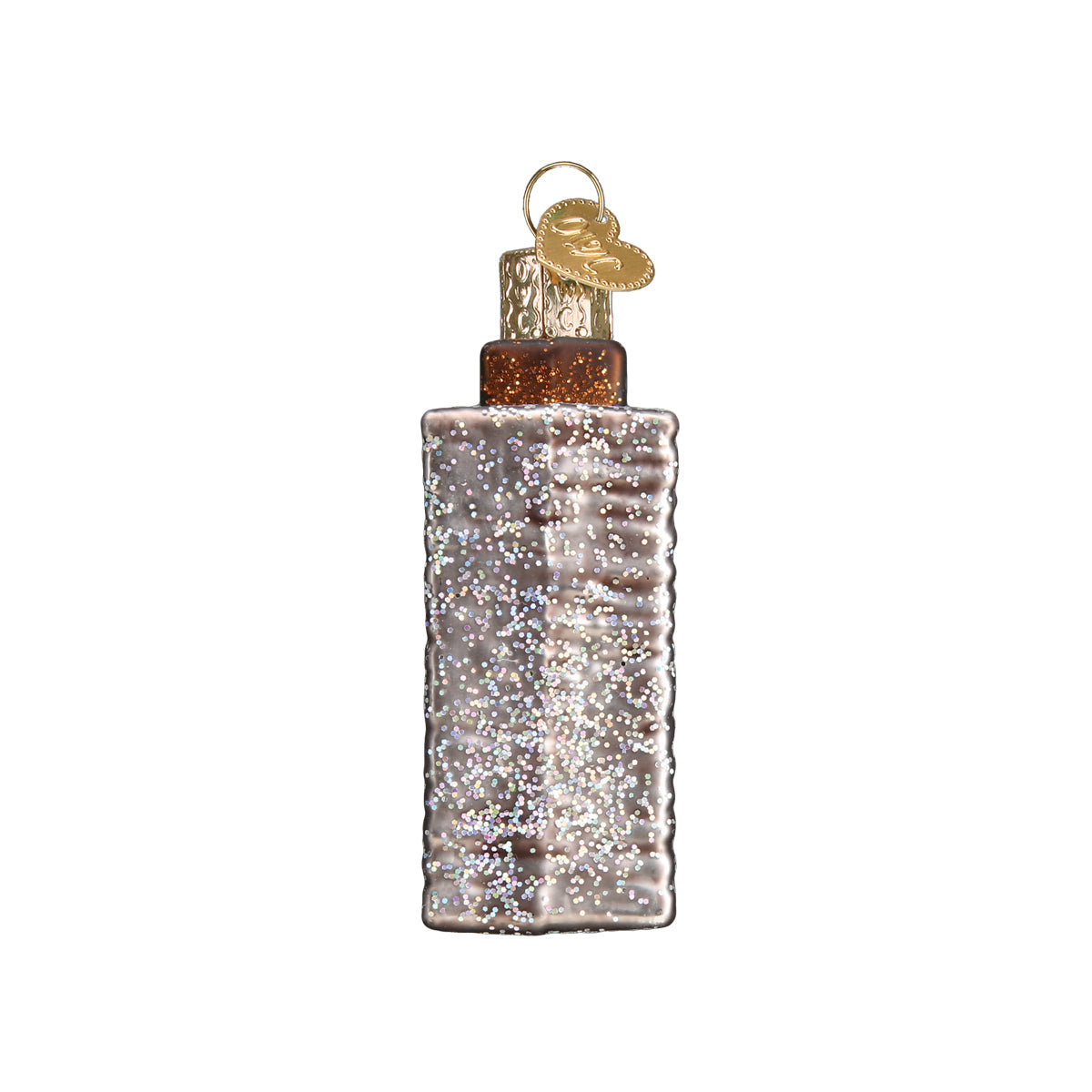 Decorative glass ornament with a gold cap on a white background