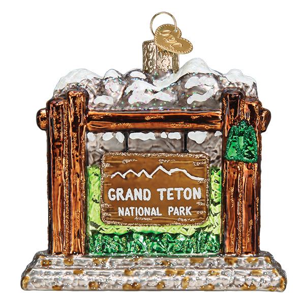 3-D glass ornament depicting the entrance sign of grand Teton national Park against a white background