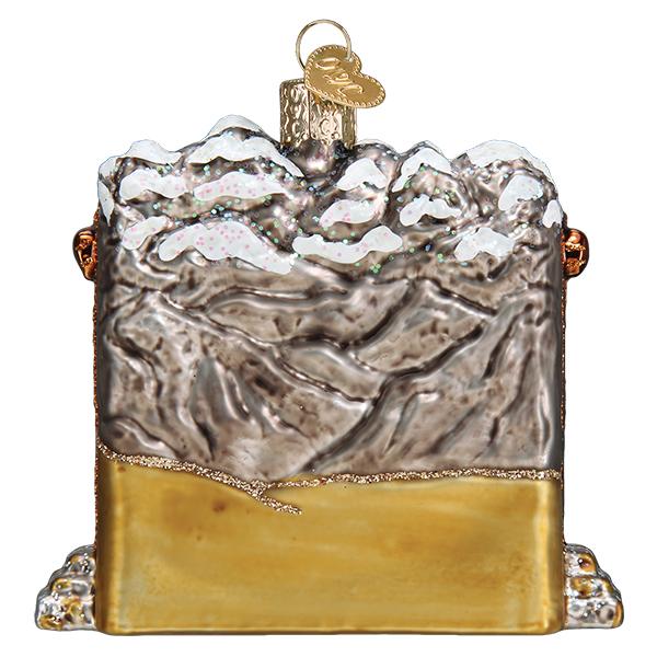 Back side of 3-D glass ornament depicting the entrance sign of grand Teton national Park against a white background