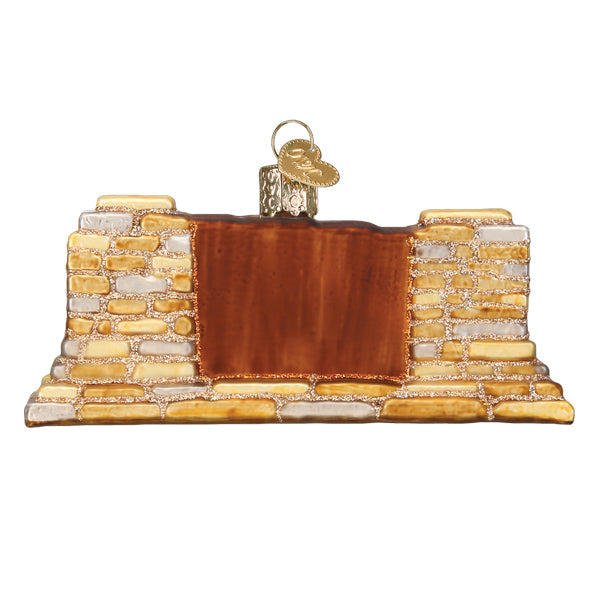 Back view of Handcrafted 3-D glass ornament in the shape of the Bryce Canyon national Park entrance sign on a white background.