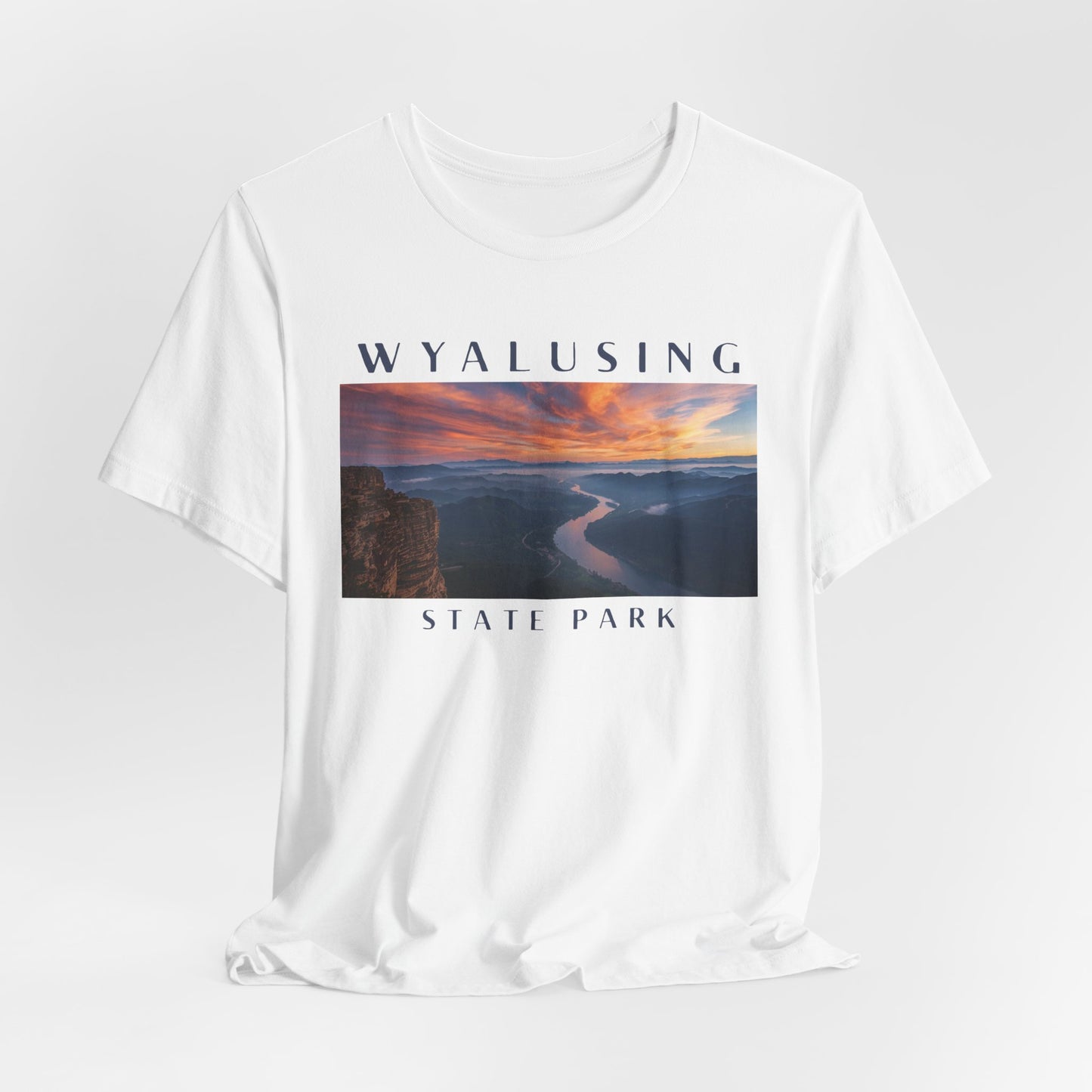 White t-shirt with Wyalusing State Park graphic on a white background