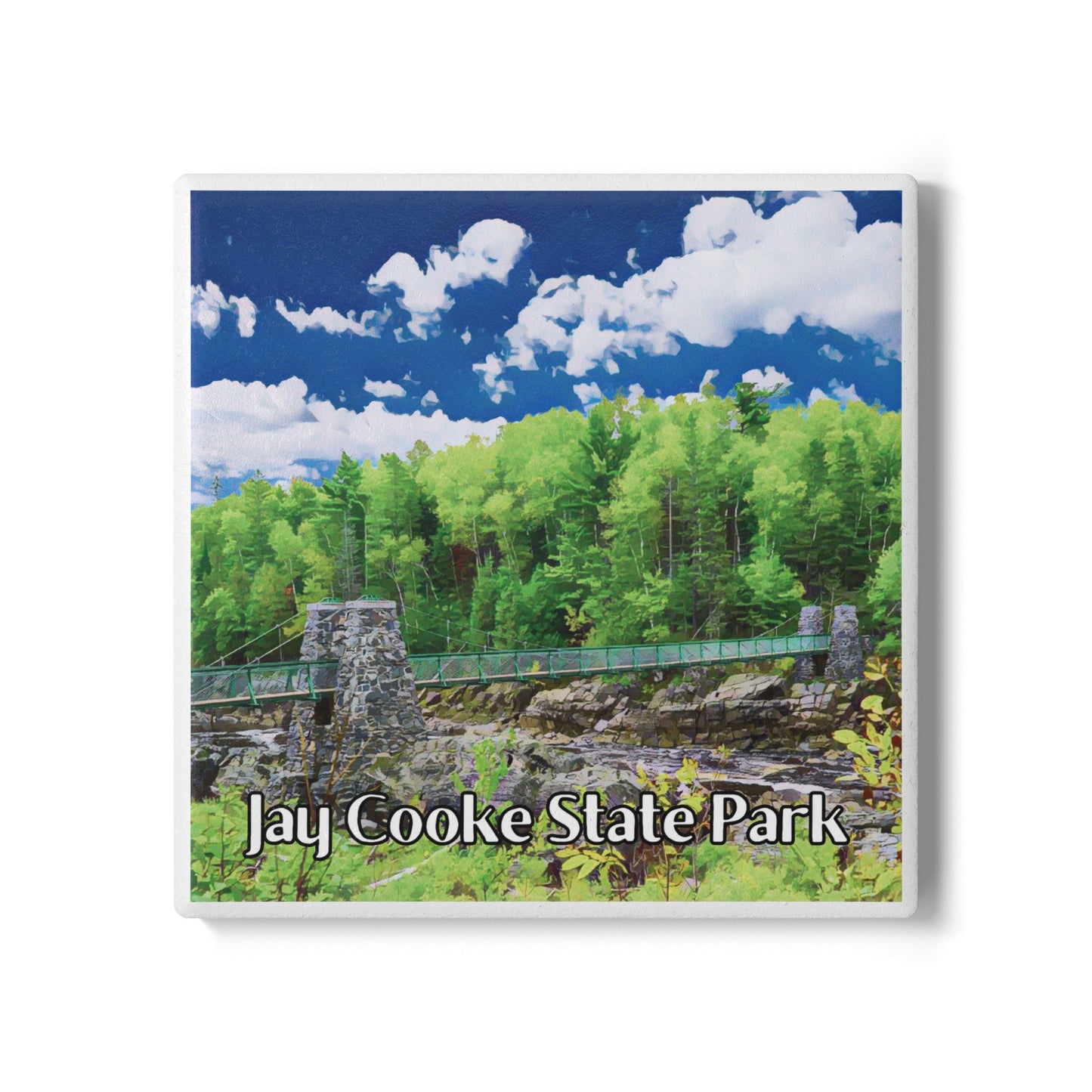 Ceramic coaster with a scenic view of Jay Cooke State Park featuring a bridge over a stream and trees.